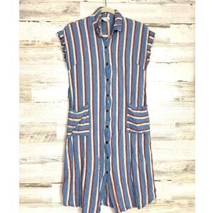 Monteau Womens M Striped Linen-Blend Button-Up Midi Shirt Dress Short Sleeve